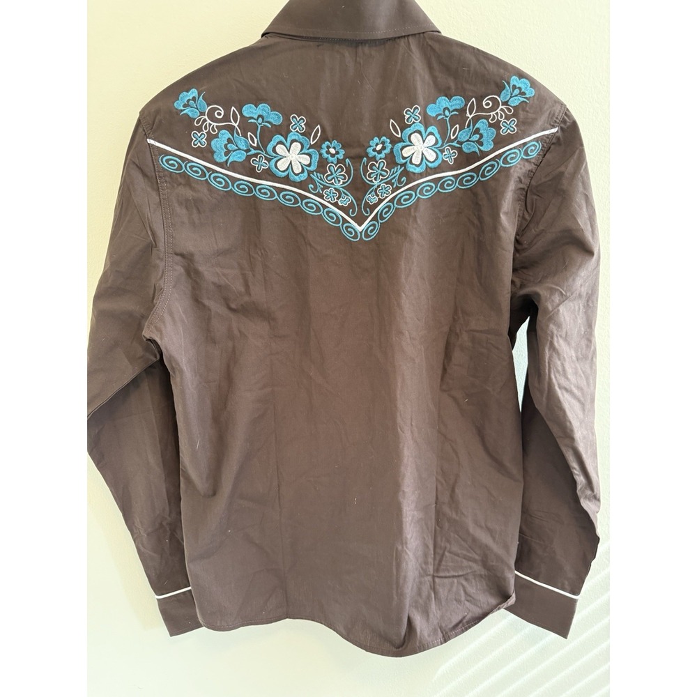 Salvage Oeste Cowboy Western Shirt Floral Embroidery Brown Size L - Picture 6 of 8
